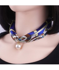 Korean Fashion Short Collarbone Printing Pearl Women Scarf Necklace - NO.1