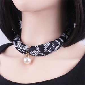 Korean Fashion Short Collarbone Printing Pearl Women Scarf Necklace - NO.6