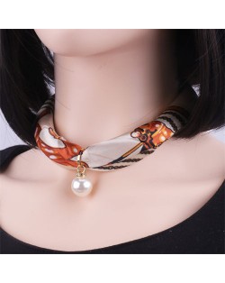 Korean Fashion Short Collarbone Printing Pearl Women Scarf Necklace - NO.6