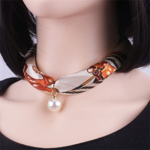 Korean Fashion Short Collarbone Printing Pearl Women Scarf Necklace - NO.7