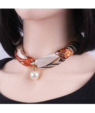 Korean Fashion Short Collarbone Printing Pearl Women Scarf Necklace - NO.6