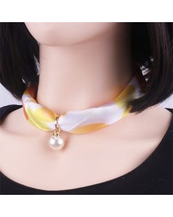 Korean Fashion Short Collarbone Printing Pearl Women Scarf Necklace - NO.7