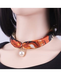 Korean Fashion Short Collarbone Printing Pearl Women Scarf Necklace - NO.10