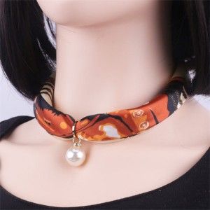Korean Fashion Short Collarbone Printing Pearl Women Scarf Necklace - NO.11