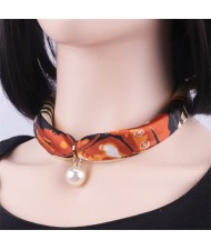 Korean Fashion Short Collarbone Printing Pearl Women Scarf Necklace - NO.10