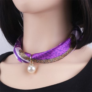 Korean Fashion Short Collarbone Printing Pearl Women Scarf Necklace - NO.12
