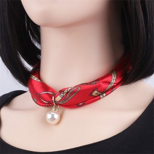 Korean Fashion Short Collarbone Printing Pearl Women Scarf Necklace - NO.15