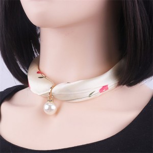 Korean Fashion Short Collarbone Printing Pearl Women Scarf Necklace - NO.17
