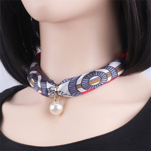 Korean Fashion Short Collarbone Printing Pearl Women Scarf Necklace - NO.21
