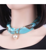 Korean Fashion Short Collarbone Printing Pearl Women Scarf Necklace - NO.21