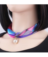 Korean Fashion Short Collarbone Printing Pearl Women Scarf Necklace - NO.23