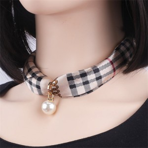 Korean Fashion Short Collarbone Printing Pearl Women Scarf Necklace - NO.29