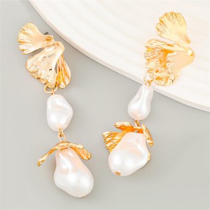 Sring Summer Style Flower with Irregular Pearl Design Wholesale Women Earrings - Golden