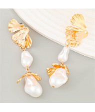 Sring Summer Style Flower with Irregular Pearl Design Wholesale Women Earrings - Golden