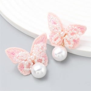Exquisite Fashion Beautiful Butterfly with Pearl Dangle Wholesale Women Earrings - Pink