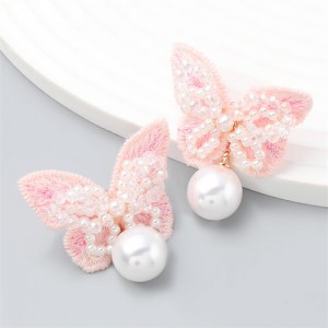 Exquisite Fashion Beautiful Butterfly with Pearl Dangle Wholesale Women Earrings - Pink