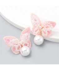 Exquisite Fashion Beautiful Butterfly with Pearl Dangle Wholesale Women Earrings - Pink