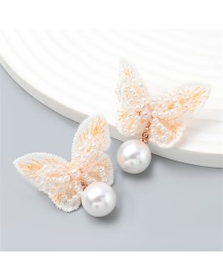 Exquisite Fashion Beautiful Butterfly with Pearl Dangle Wholesale Women Earrings - Pink