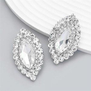 Bling Rhinestone Surround Olive Shape Design Wholesale Women Party Earrings - Silver