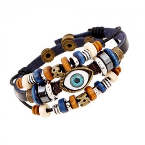 Punk Style Classic Blue Color Eye Design Wholesale Leather Bracelet - Black