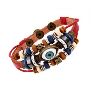 Punk Style Classic Blue Color Eye Design Wholesale Leather Bracelet - Red