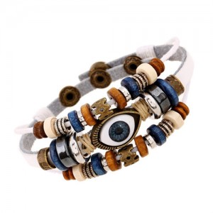 Punk Style Classic Blue Color Eye Design Wholesale Leather Bracelet - White