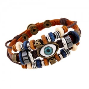 Punk Style Classic Blue Color Eye Design Wholesale Leather Bracelet - Brown