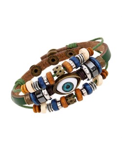 Punk Style Classic Blue Color Eye Design Wholesale Leather Bracelet - Brown