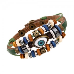 Punk Style Classic Blue Color Eye Design Wholesale Leather Bracelet - Green