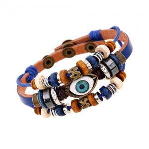 Punk Style Classic Blue Color Eye Design Wholesale Leather Bracelet - Blue