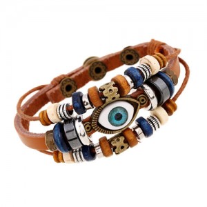 Punk Style Classic Blue Color Eye Design Wholesale Leather Bracelet - Light Brown