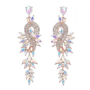 Rhinestone Inlaid Geometric Shining Alloy Leaf Design Wholesale Costume Earrings - Luminous White