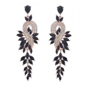 Rhinestone Inlaid Geometric Shining Alloy Leaf Design Wholesale Costume Earrings - Black