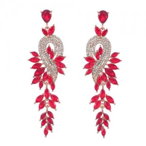 Rhinestone Inlaid Geometric Shining Alloy Leaf Design Wholesale Costume Earrings - Red