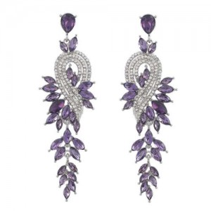 Rhinestone Inlaid Geometric Shining Alloy Leaf Design Wholesale Costume Earrings - Purple