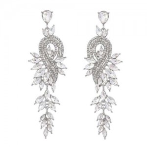 Rhinestone Inlaid Geometric Shining Alloy Leaf Design Wholesale Costume Earrings - Silver