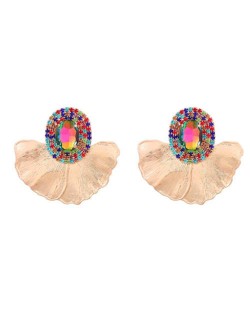 Shining Glass Inlaid Oval Shape Floral Design Bohemian Fashion Exaggerated Wholesale Earrings - Multicolor