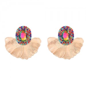 Shining Glass Inlaid Oval Shape Floral Design Bohemian Fashion Exaggerated Wholesale Earrings - Multicolor