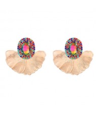 Shining Glass Inlaid Oval Shape Floral Design Bohemian Fashion Exaggerated Wholesale Earrings - Multicolor