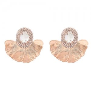 Shining Glass Inlaid Oval Shape Floral Design Bohemian Fashion Exaggerated Wholesale Earrings - White