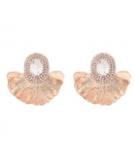 Shining Glass Inlaid Oval Shape Floral Design Bohemian Fashion Exaggerated Wholesale Earrings - White
