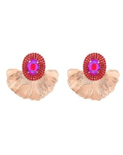 Shining Glass Inlaid Oval Shape Floral Design Bohemian Fashion Exaggerated Wholesale Earrings - Red