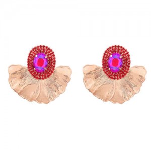 Shining Glass Inlaid Oval Shape Floral Design Bohemian Fashion Exaggerated Wholesale Earrings - Red