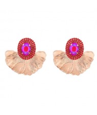Shining Glass Inlaid Oval Shape Floral Design Bohemian Fashion Exaggerated Wholesale Earrings - Red