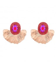 Shining Glass Inlaid Oval Shape Floral Design Bohemian Fashion Exaggerated Wholesale Earrings - Red