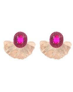Shining Glass Inlaid Oval Shape Floral Design Bohemian Fashion Exaggerated Wholesale Earrings - Rose