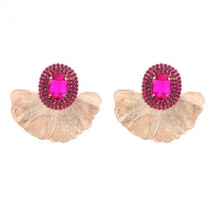 Shining Glass Inlaid Oval Shape Floral Design Bohemian Fashion Exaggerated Wholesale Earrings - Rose