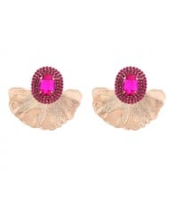 Shining Glass Inlaid Oval Shape Floral Design Bohemian Fashion Exaggerated Wholesale Earrings - Rose