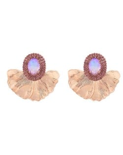 Shining Glass Inlaid Oval Shape Floral Design Bohemian Fashion Exaggerated Wholesale Earrings - Pink