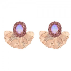 Shining Glass Inlaid Oval Shape Floral Design Bohemian Fashion Exaggerated Wholesale Earrings - Pink